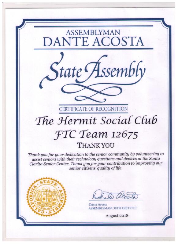 Certificate of Recognition to the Hermit Social Club for our senior electronics assistance team.